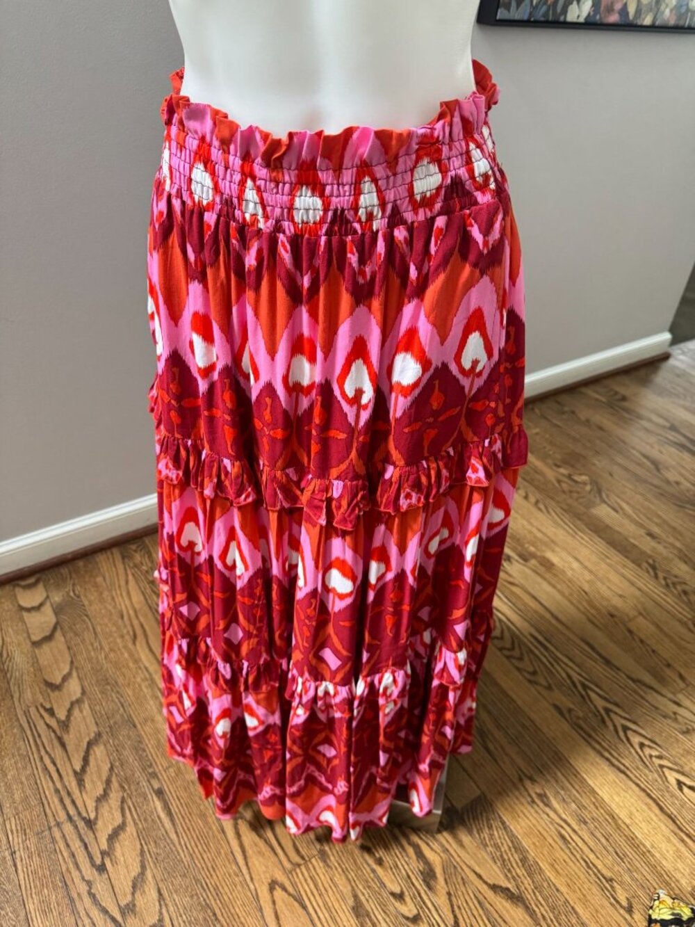 Feather & Find Tariffa Smocked Printed Maxi Skirt Red Pink XS